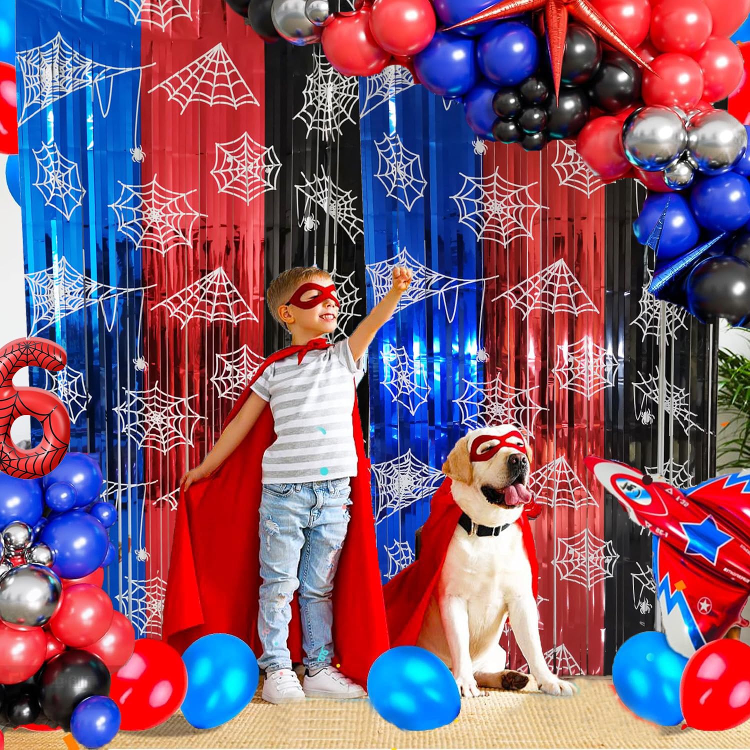 Spider Web Birthday Decorations Backdrop 2 Pack Spider Party Supplies Red Blue and Black Halloween Tinsel Foil Fringe Curtains Party Streamers Background for Boys Spider Theme Party Decorations