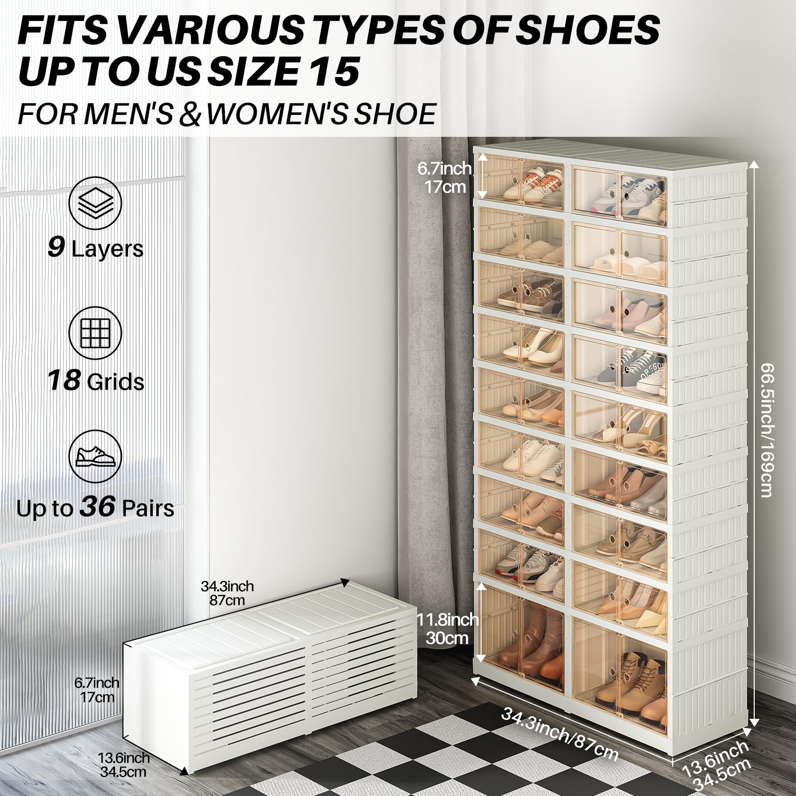 Redlife 9 Tier Foldable Shoe Rack Organizer for Closet, 18-36 Pairs Plastic Shoe Shelf Collapsible Shoes Storage Box, Clear Shoe Boxes with Door, Shoe Cabinet with Lids, Large Tall Shoe Cabinet