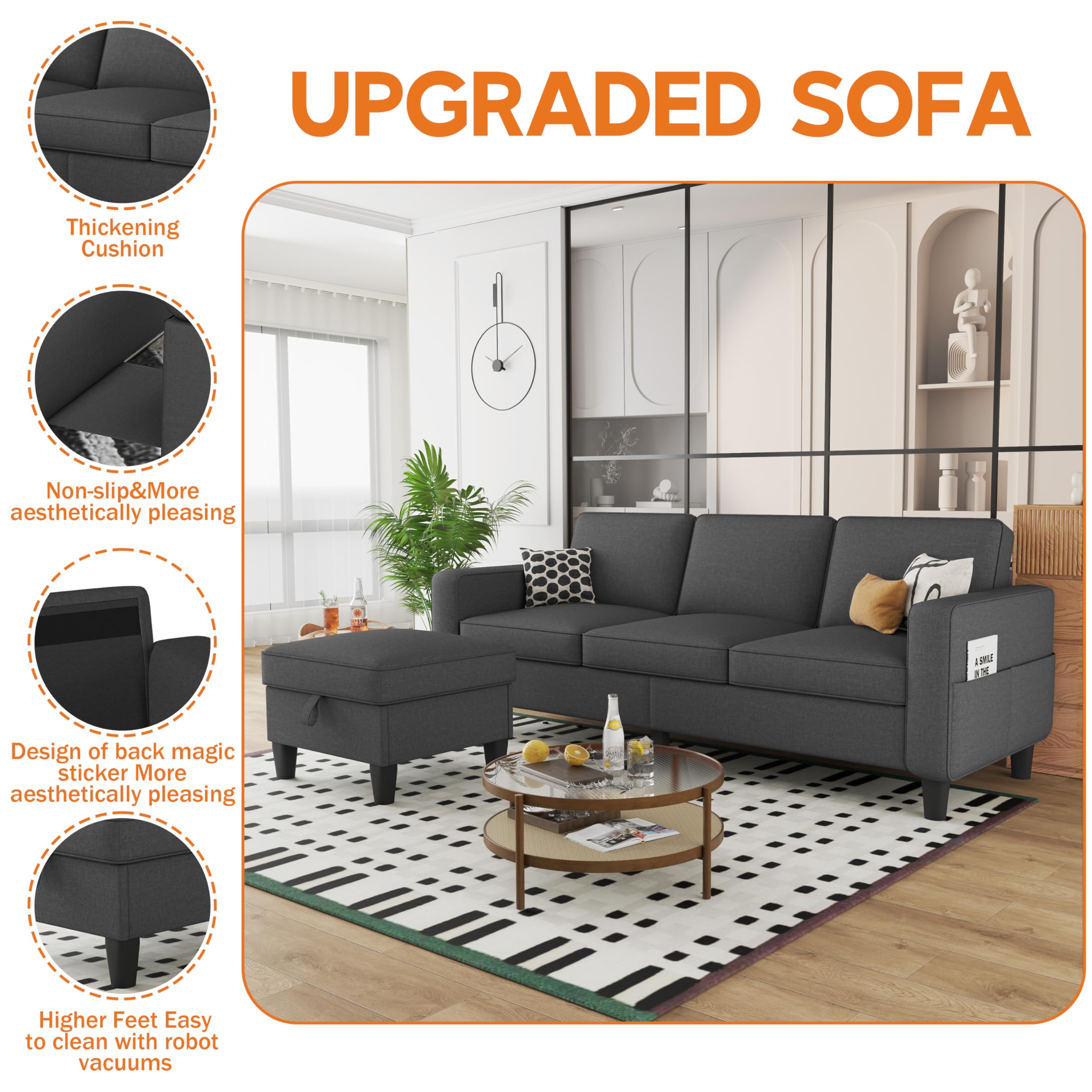 ZeeFu Convertible Sectional Sofa Couch: Dark Gray 3Seat L-Shaped Sectional Sofa Couches with Storage Ottoman - Modern Linen Fabric Small Sofa Furniture Set for Living Room Office Small Space Apartment