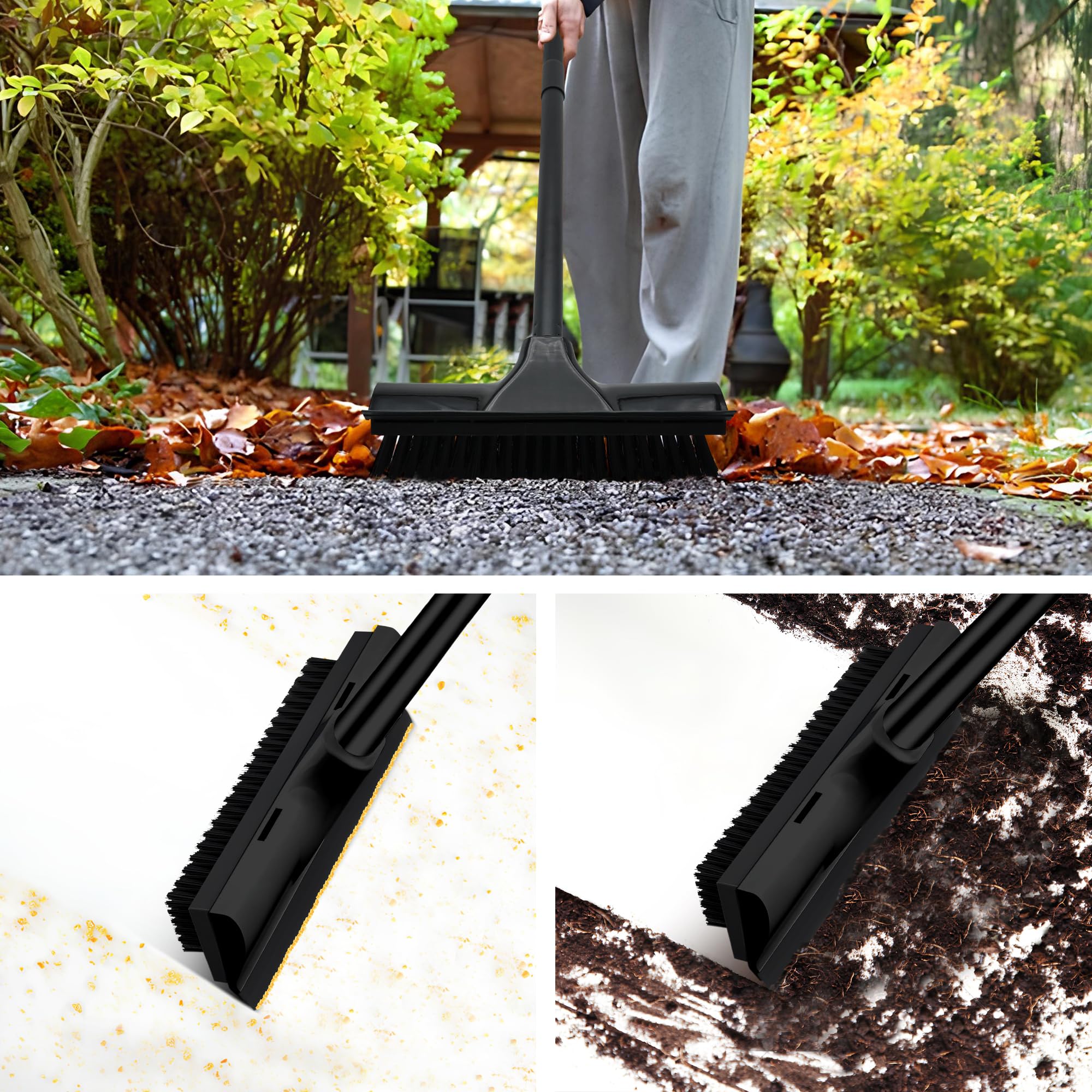 Push Broom Outdoor- Heavy Duty Broom, Stiff Bristles Floor Scrub Brush with 49" Long Handle for Deck Driveway Garage Yard Patio Warehouse Concrete Wood Stone Kitchen Tile Indoor Floor Cleaning (Black)