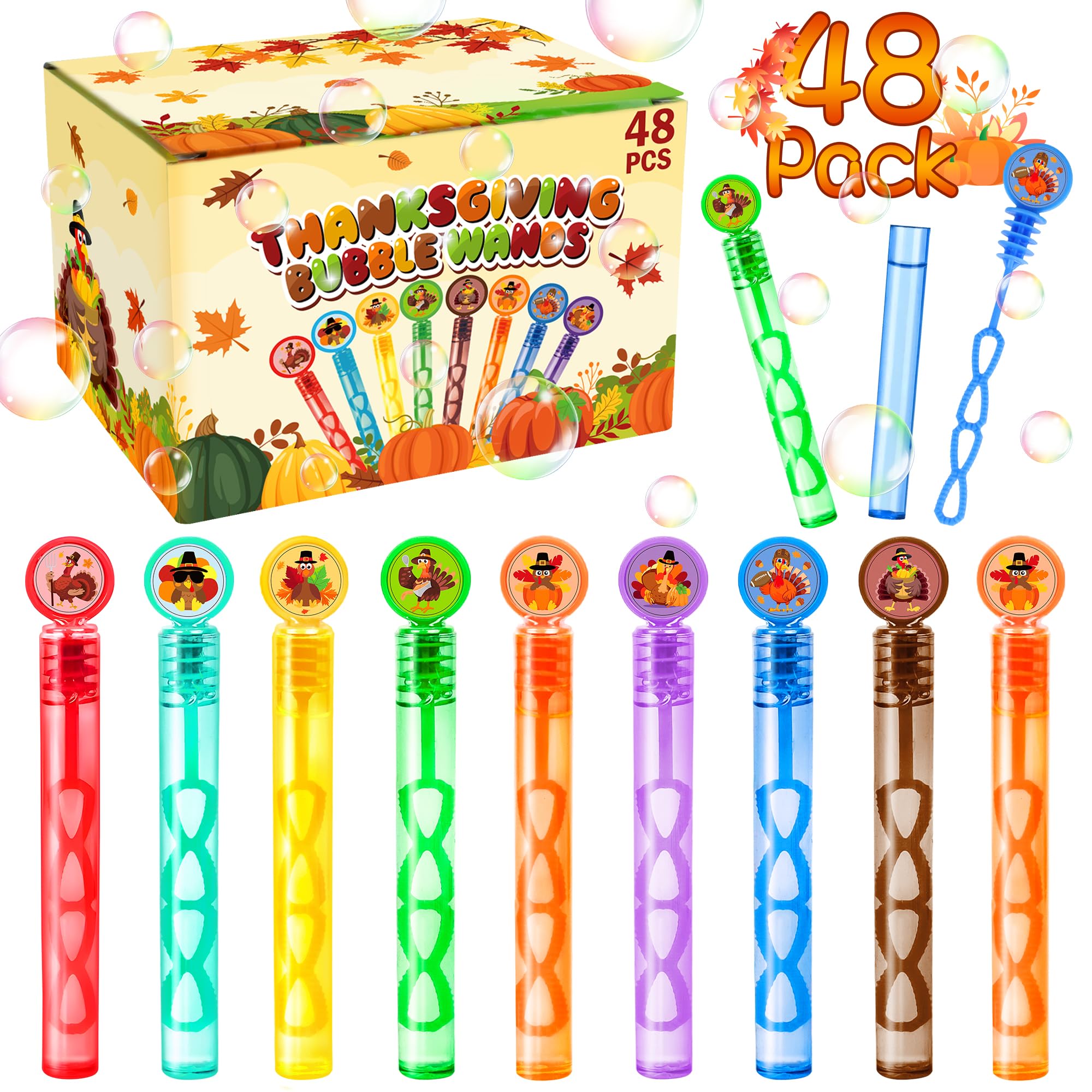 48Pcs Fall Thanksgiving Party Favors Bubble Wands for Kids, Pumpkin Turkey Thanksgiving Basket Stuffers Goodie Bag Fillers Fall Thanksgiving Toys Bulk Classroom Prizes Gift for Toddlers Party Supplies