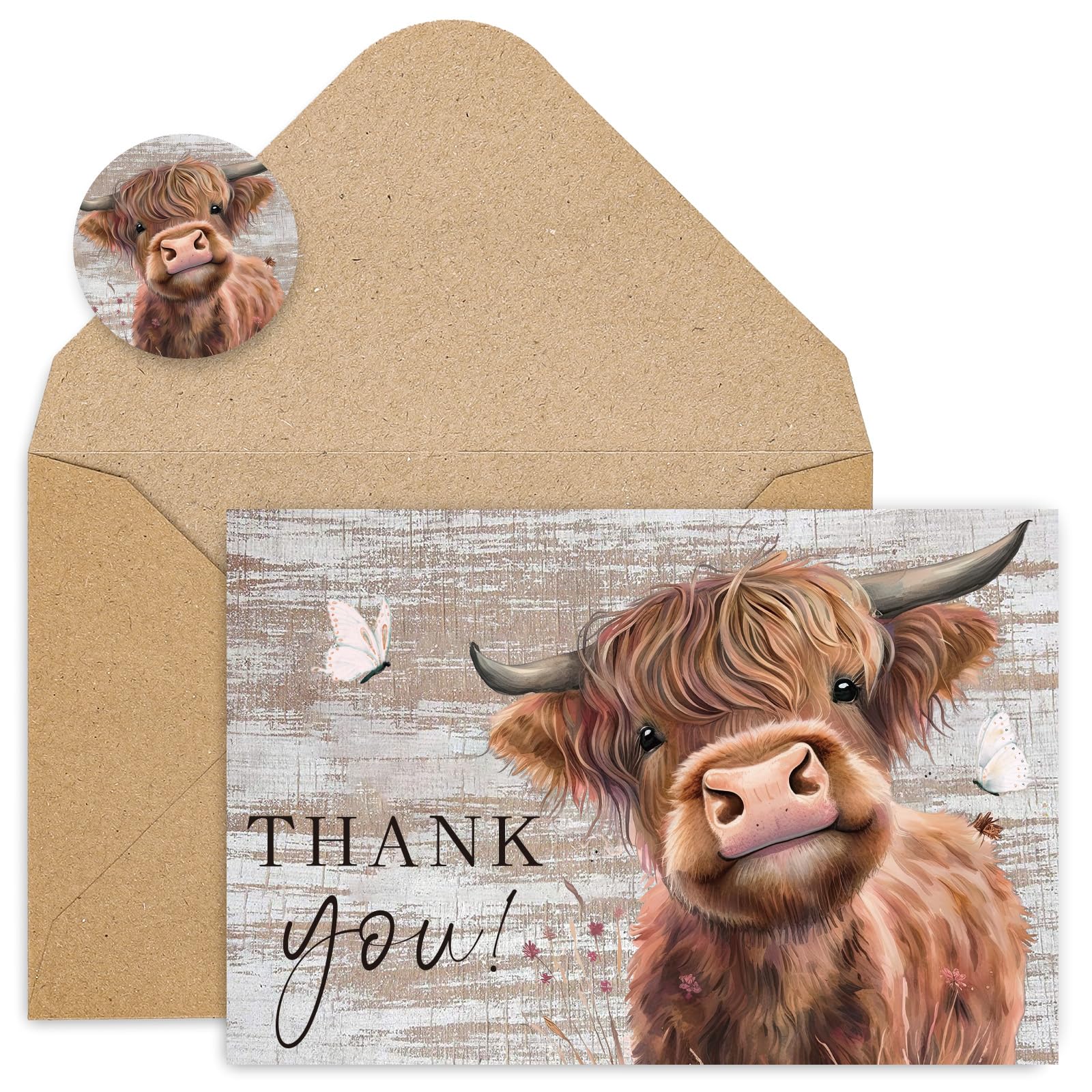 Whaline 36Pack Highland Cow Thank You Greeting Cards with Envelopes Stickers Wood Grain Farm Animal Blank Note Cards for Christmas Wedding Bridal Baby Shower Small Business Birthday Farmhouse Party