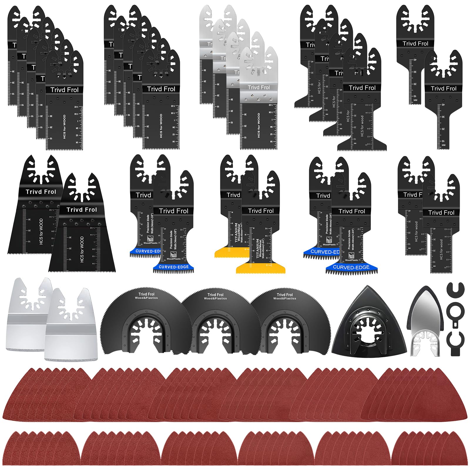 Trivd Frol 121 Pack Oscillating Saw Blades, Titanium Oscillating Tool Blades with Sandpaper, Multitool Blades for Wood Metal Plastics Cutting, Multi Tool Blades Kits Fit Bosch Dewalt Ryobi Milwaukee