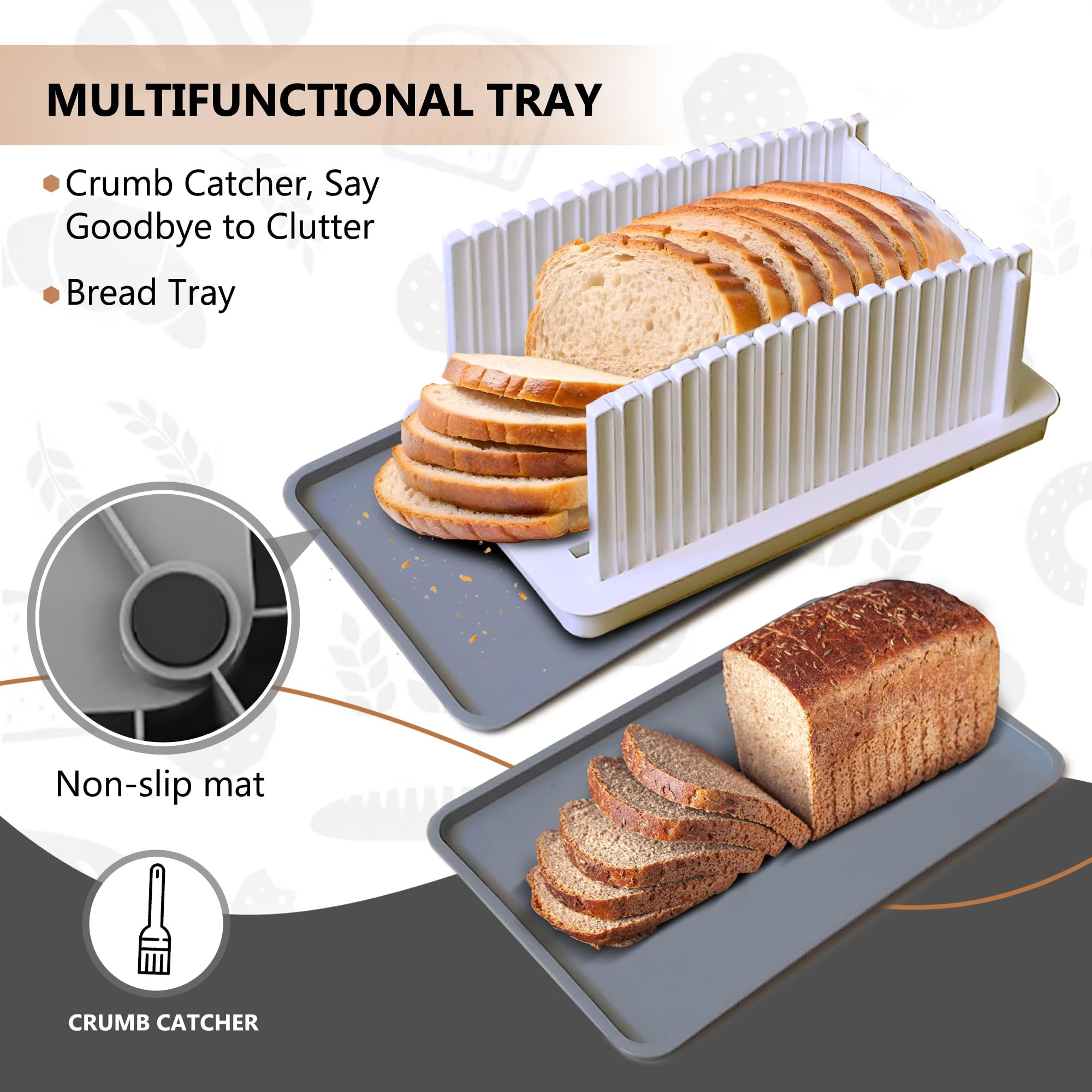 PLENTY HOUSE. Bread slicer for homemade bread. Manual bread slicing guide with adjustable with adjustable width, foldable, compact and with crumb tray. Ideal for sourdough bread, baguettes and bagels.