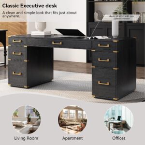 70" Classic and Traditional Executive Desk with Metal Edge Trim, Writing Desk with 7 Drawers, USB Port and Outlets, Desk with Hidden Compartment for Living Room, Home Office, Study Room, Black