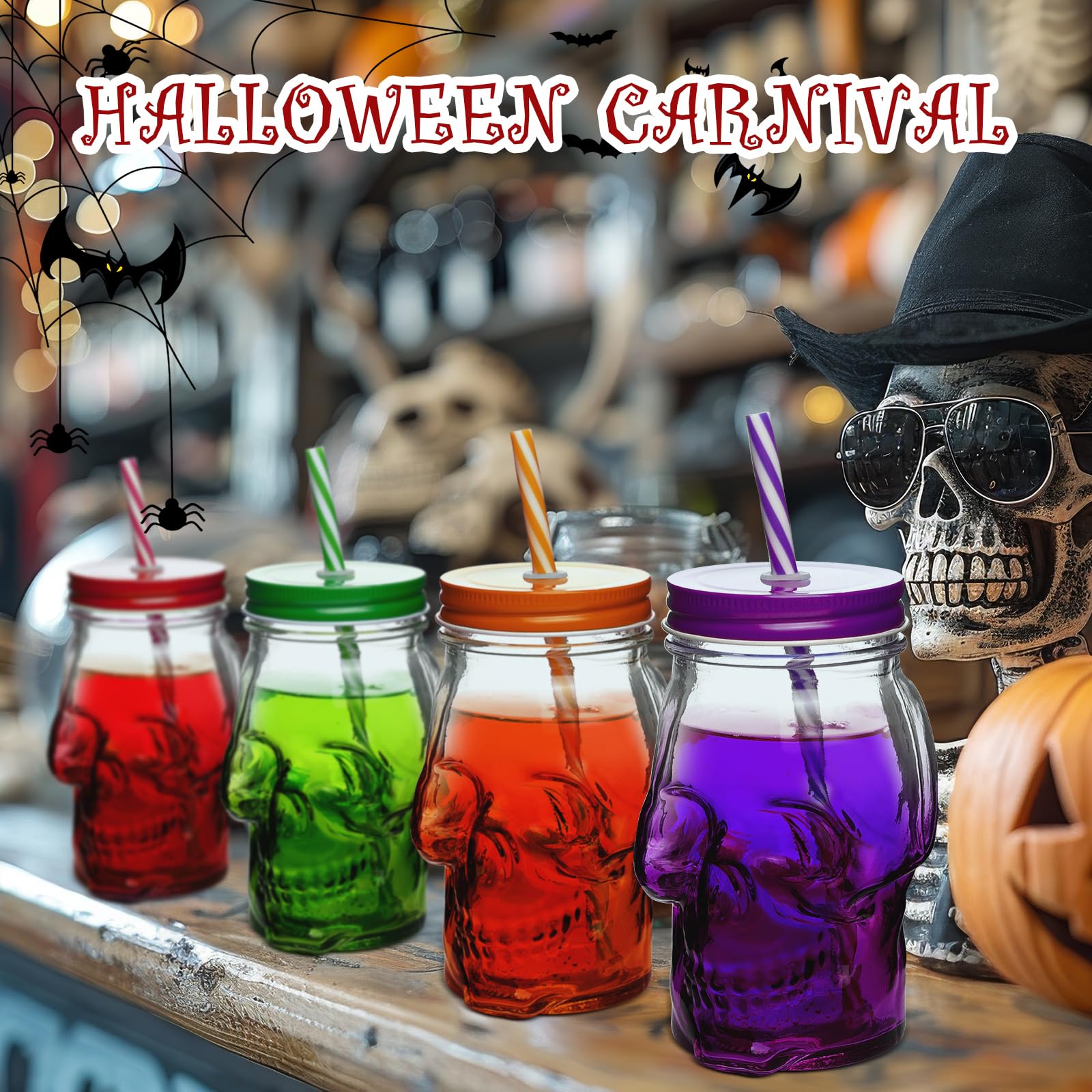 4 Pcs Halloween Skull Mason Jars with Lids 16 Oz Halloween Drinking Glasses with Skull, Skull Mason Jars with Straw, Mason Jar Cup for Halloween Party (Set of 4, Orange, Purple, Red and Green)