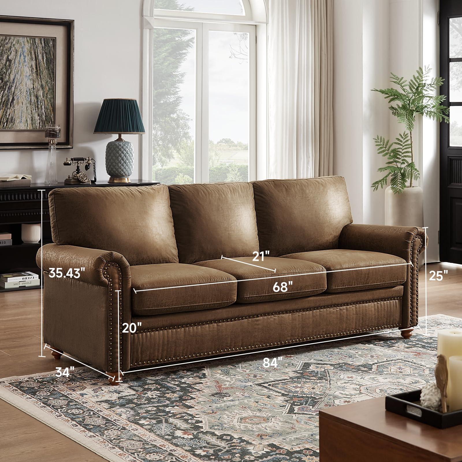 ONBRILL 84" Faux Leather Couch, Mid-Century Modern Couch w/Brass Nailhead Trim, 3 Seater Sofa Couch w/Rolled Arm, Pocket Spring Cushions, Gourd Feet, Dark Brown Couch Leather Sofas for Living Room