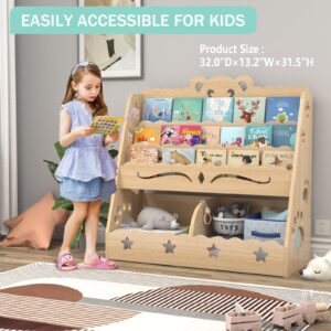 Yaofala Montessori Kids Bookshelf, Wooden Kids Book Rack Storage, Montessori Bookshelf for Kids, Durable Children's Bookcase for Nursery, Kids Room, Playroom, Toddler Bookshelf Rack.