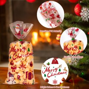 Toptime Christmas Treat Bags, 160PCS Christmas Cellophane Candy Bags with Ties, Clear Christmas Goody Bags with Santa Claus Xmas Tree Snowman Reindeer, Cello Cookie Bags for Holiday Party Favor