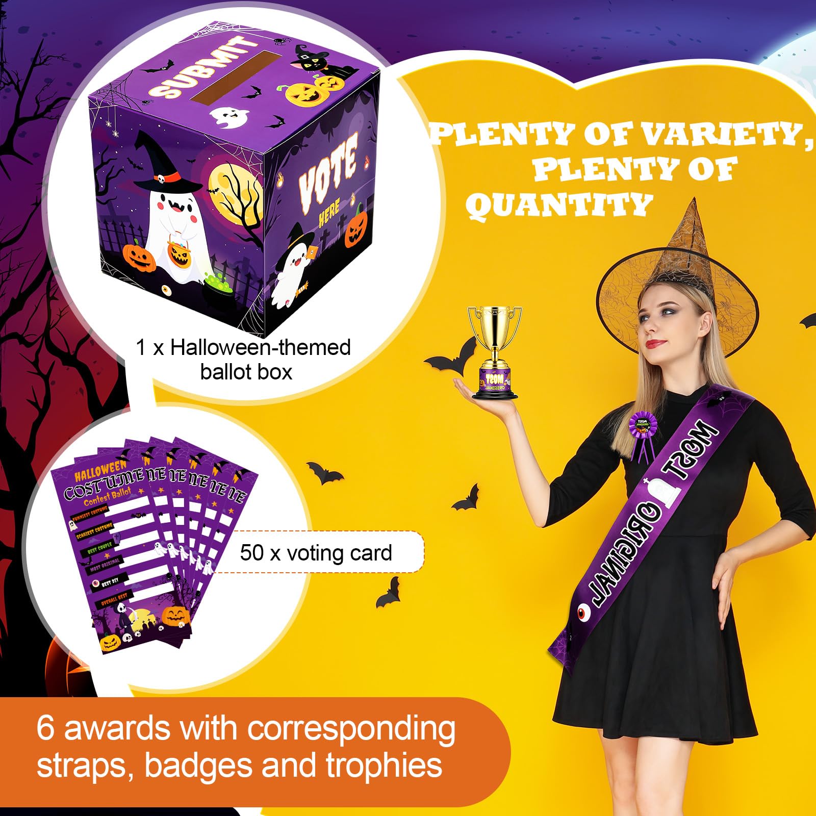 TaoBary 75 Pcs Halloween Costume Contest Ballot Kit Includes Halloween Contest Ballot Box and Voting Cards Halloween Award Ribbons Sashes Trophies and Stickers Set for Halloween Costume Contest Party