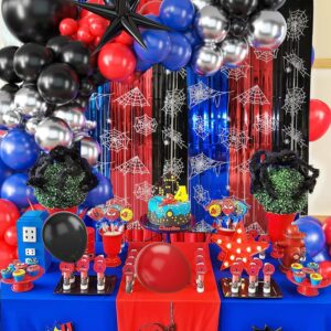 Spider Web Birthday Decorations Backdrop 2 Pack Spider Party Supplies Red Blue and Black Halloween Tinsel Foil Fringe Curtains Party Streamers Background for Boys Spider Theme Party Decorations