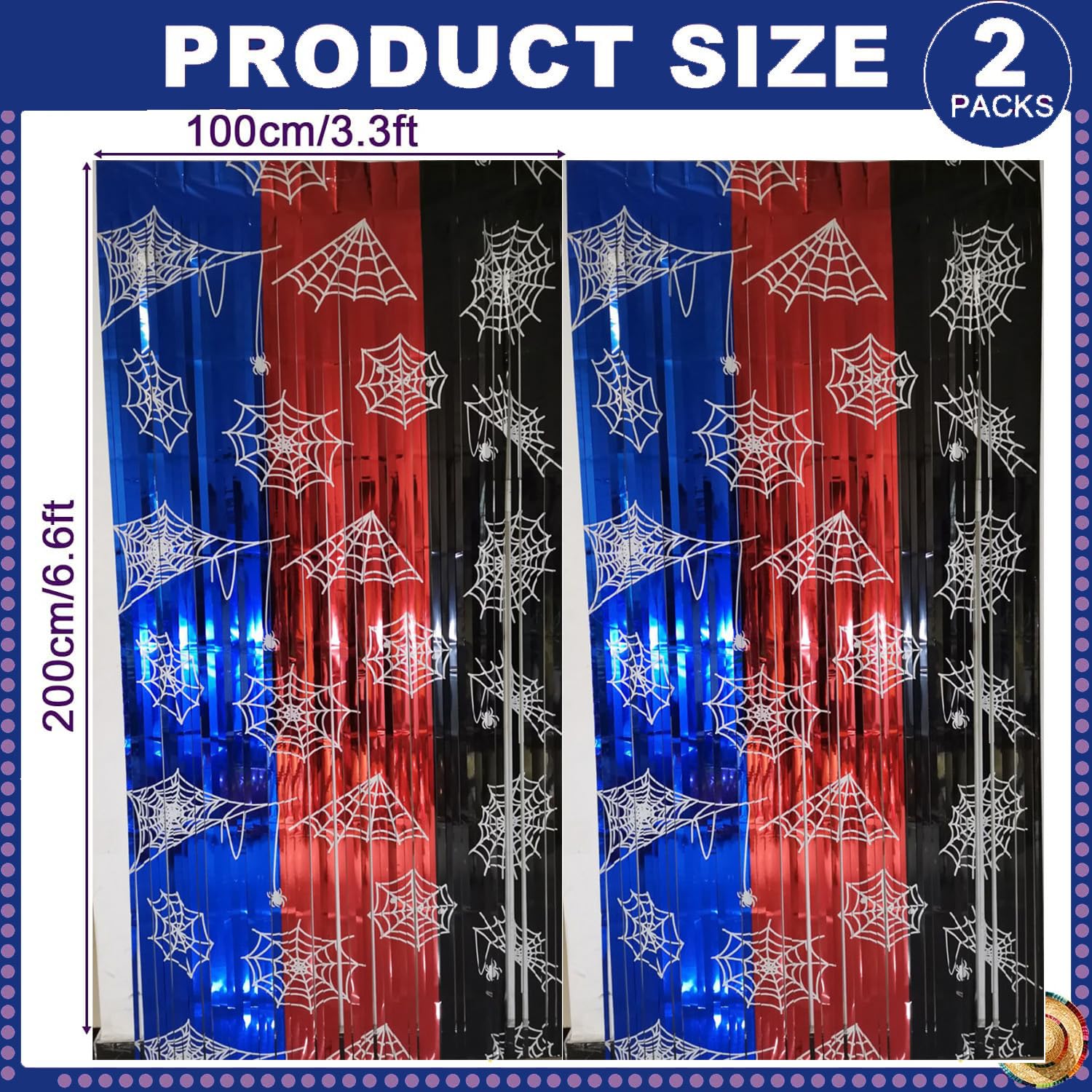 Spider Web Birthday Decorations Backdrop 2 Pack Spider Party Supplies Red Blue and Black Halloween Tinsel Foil Fringe Curtains Party Streamers Background for Boys Spider Theme Party Decorations