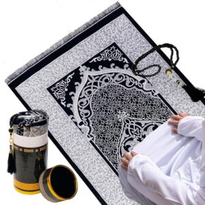 muslim prayer rug and prayer beads with gift box, soft islamic prayer mat, islamic gifts set, prayer carpet mat, sajadah/janamaz/seccade (black-gray)