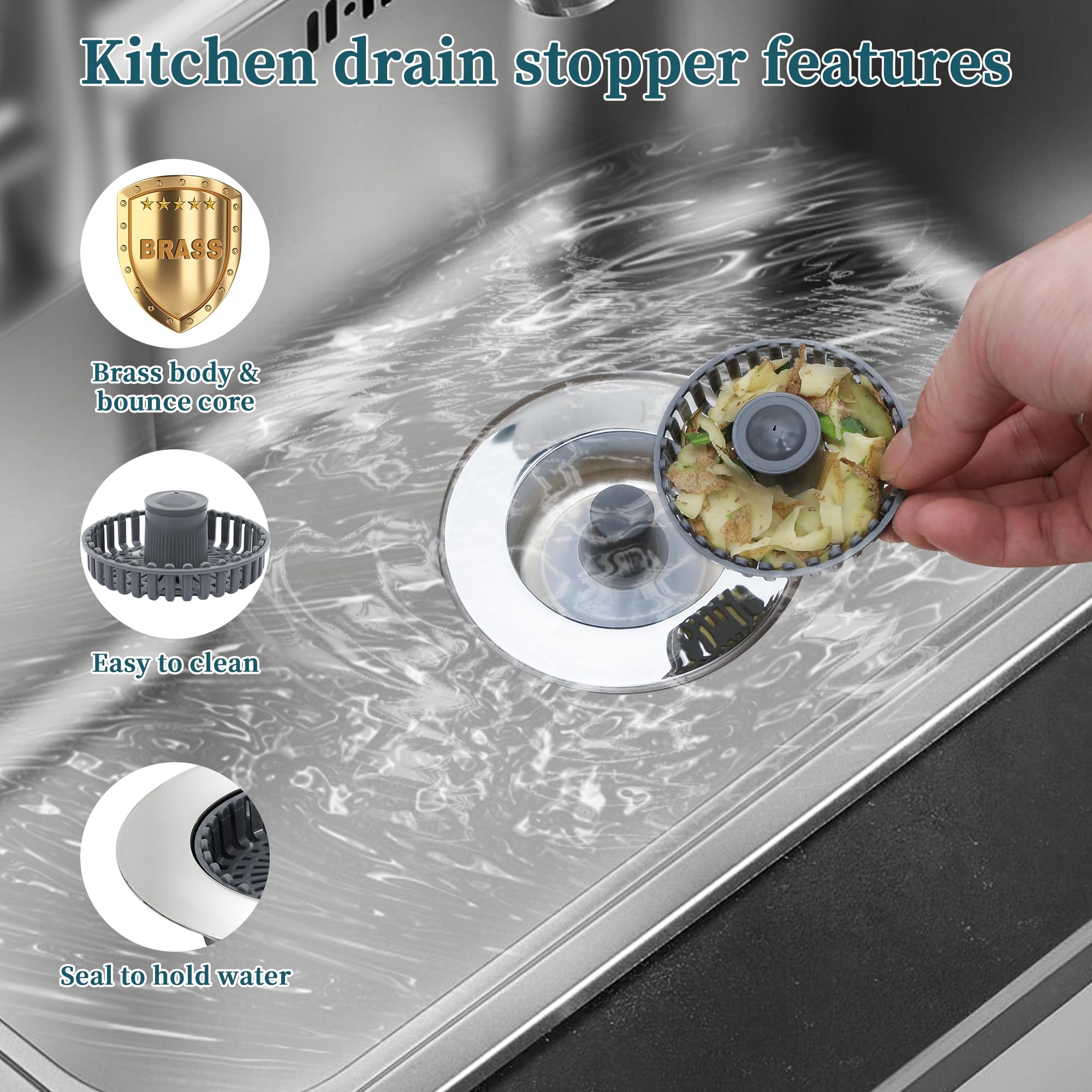 New Upgraded 3 in 1 Kitchen Sink Bounce Core Drain Strainer and Stopper, Sink Stopper with an Extra Sink Strainer Basket for US Standard 3-1/2 Inch Brass Electroplate Silver