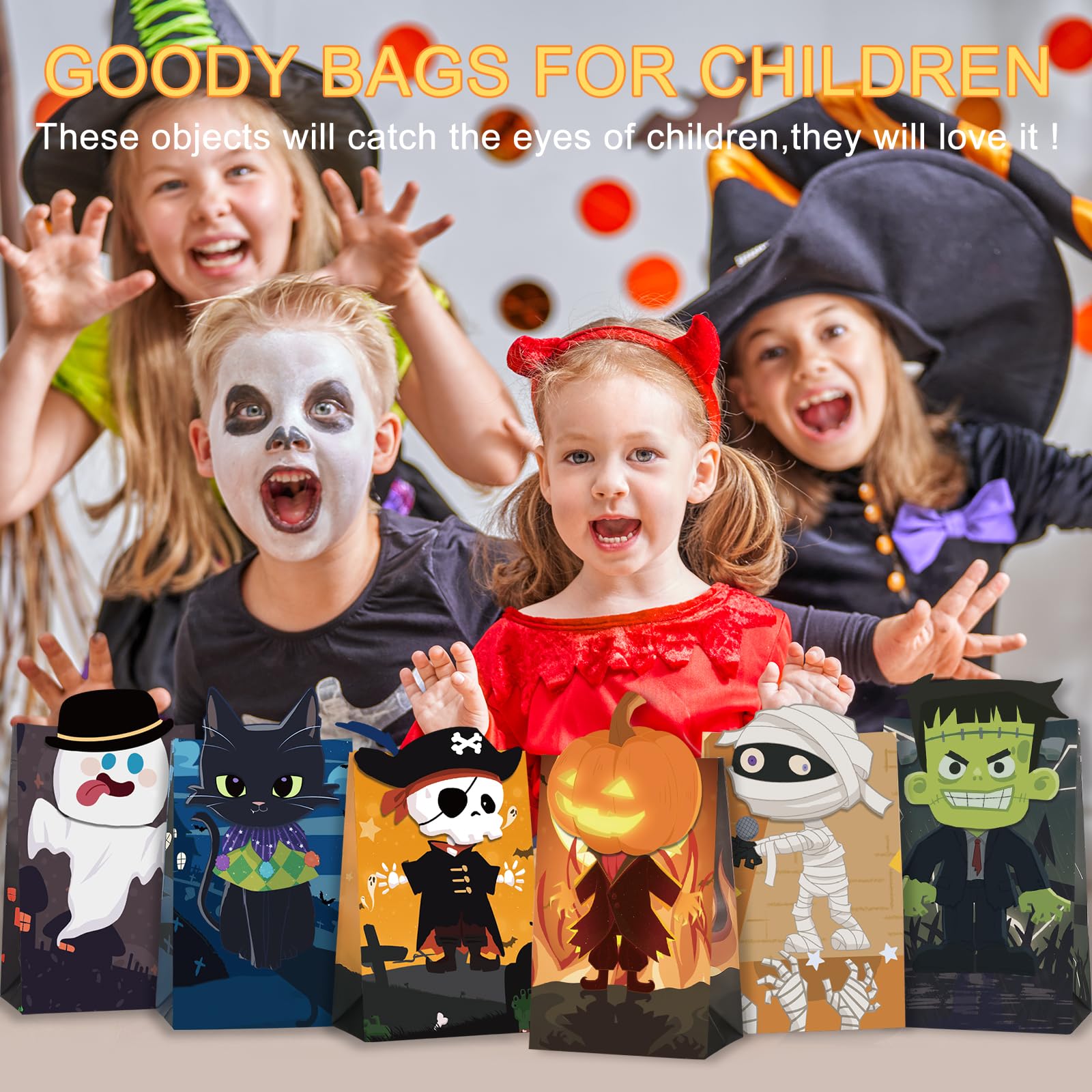 Ouvibor 24 Pcs Halloween Treat Bags with Stickers Halloween Party Paper Bags Trick or Treat Gift Bags Candy Bags Goodie Bags for Halloween Party Supplies