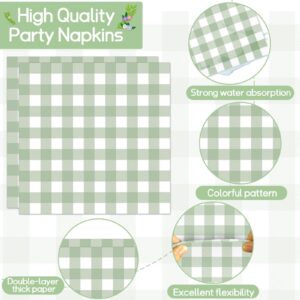 96 Pcs Sage Green Party Decorations Green Gingham Checkered Theme Tableware Set Green Plaid Plates Napkins Forks for Baby Shower Table Dinnerware Kids Boys Birthday Party Supplies 24 Guests