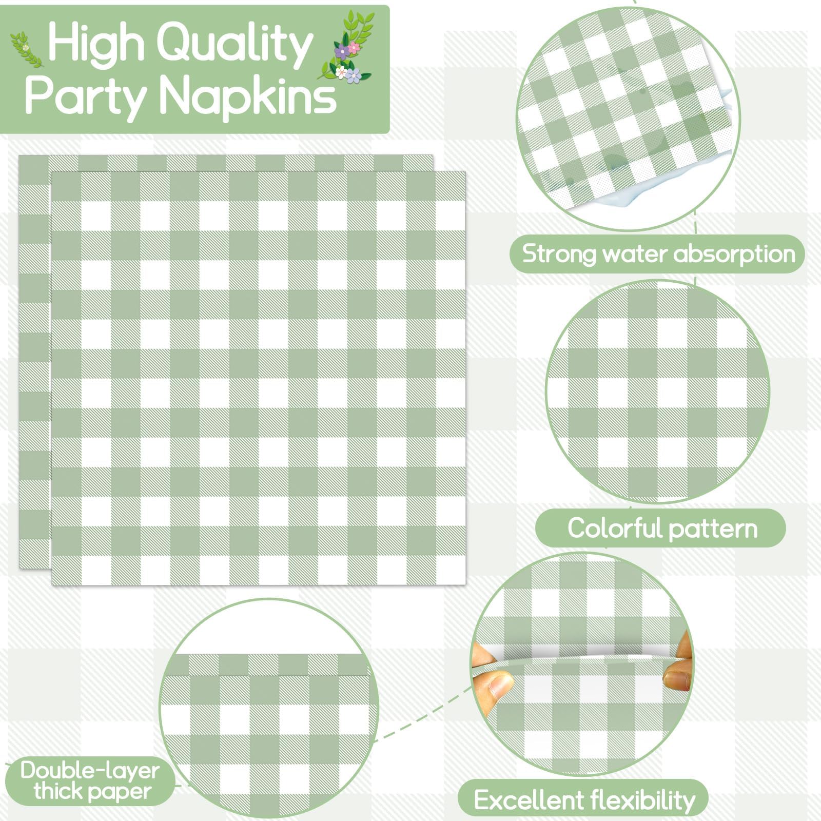 96 Pcs Sage Green Party Decorations Green Gingham Checkered Theme Tableware Set Green Plaid Plates Napkins Forks for Baby Shower Table Dinnerware Kids Boys Birthday Party Supplies 24 Guests