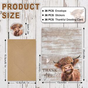 Whaline 36Pack Highland Cow Thank You Greeting Cards with Envelopes Stickers Wood Grain Farm Animal Blank Note Cards for Christmas Wedding Bridal Baby Shower Small Business Birthday Farmhouse Party