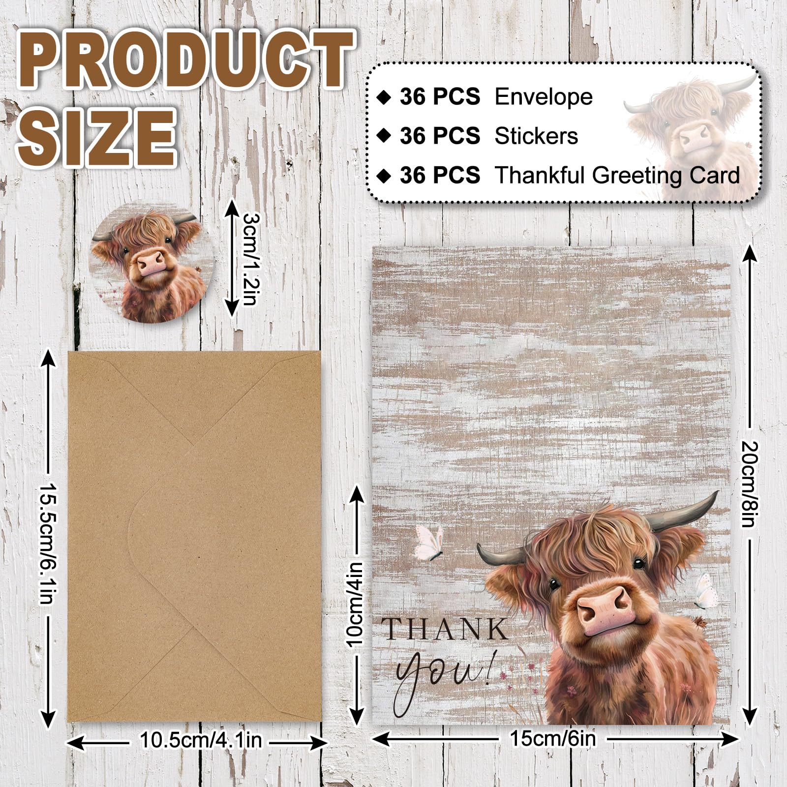 Whaline 36Pack Highland Cow Thank You Greeting Cards with Envelopes Stickers Wood Grain Farm Animal Blank Note Cards for Christmas Wedding Bridal Baby Shower Small Business Birthday Farmhouse Party