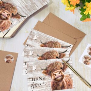 Whaline 36Pack Highland Cow Thank You Greeting Cards with Envelopes Stickers Wood Grain Farm Animal Blank Note Cards for Christmas Wedding Bridal Baby Shower Small Business Birthday Farmhouse Party