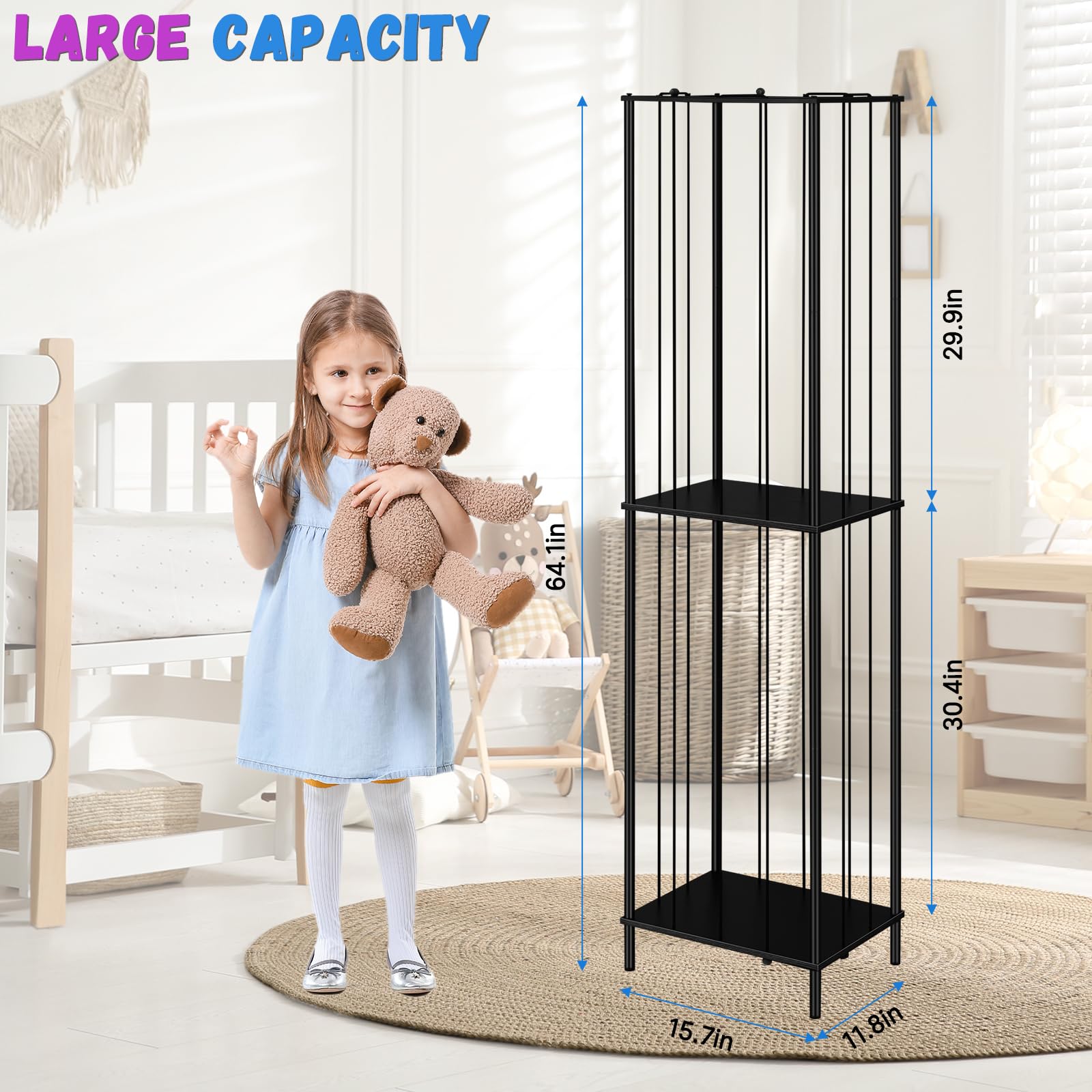 OYEAL Stuffed Animal Storage Zoo 64'' Kids Toy Ball Storage Organizer Metal Plushies Toy Storage Holder with Elastic Rope and Shelf for Playroom Birthday Gift for Bedroom Nursery, Black