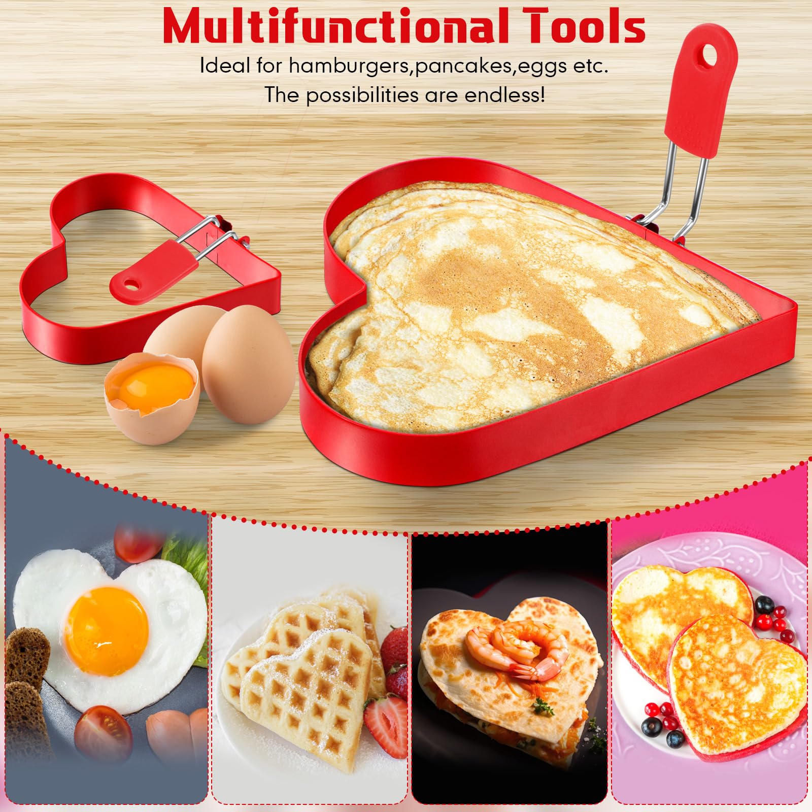 Patelai 6 Pcs Nonstick Pancake Ring 6'' and 4'' Stainless Red Heart Egg Rings Set Heart Shaped Pancake Mold Egg Rings with Red Silicone Handle for Breakfast Love Omelette Sandwich