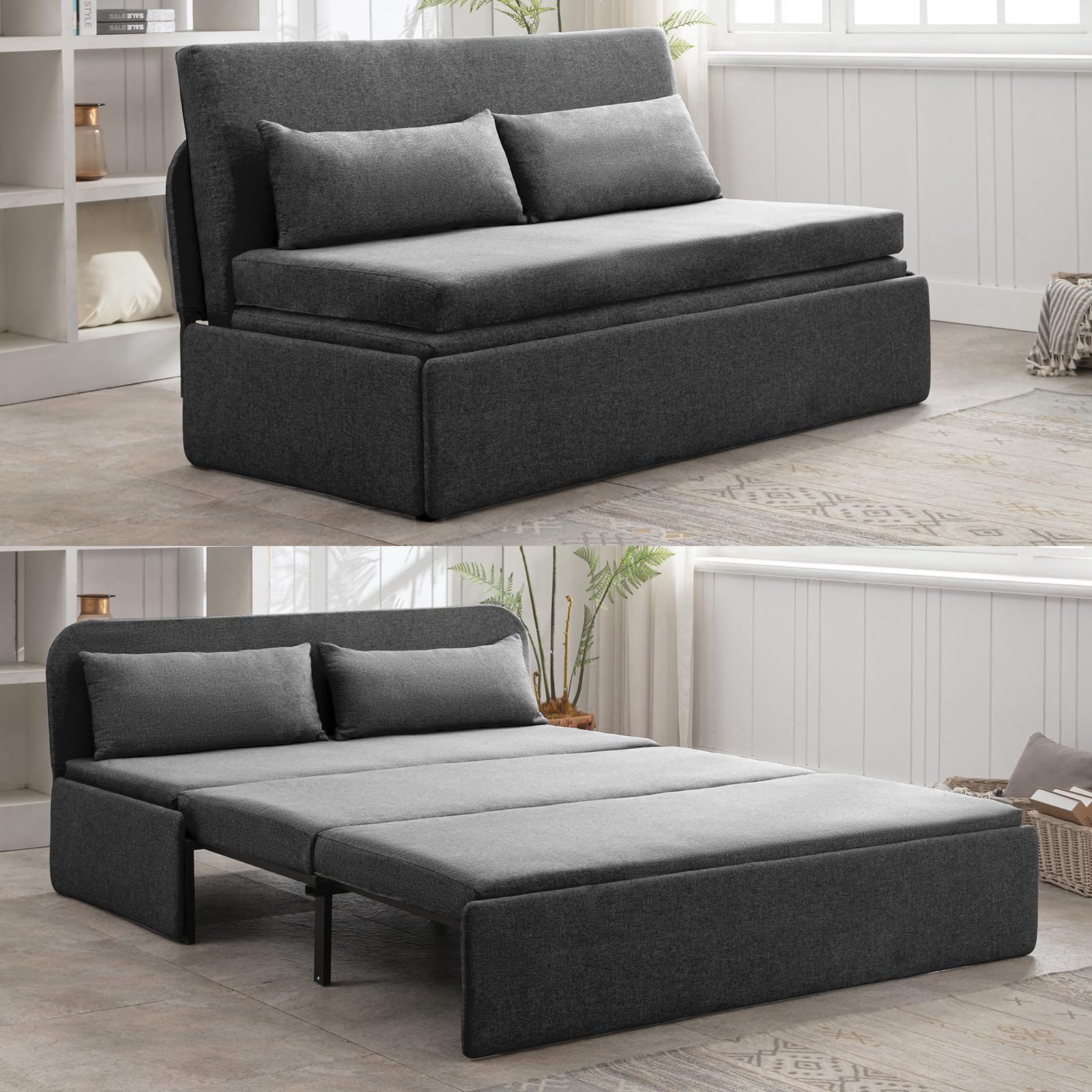 ZAFLY Queen Size Sofa Bed, Pull Out Convertible Sleeper with Cushions & Pillows, Linen Loveseat Couch, Folding Sofa for Compact Spaces in Living Room - Dark Grey