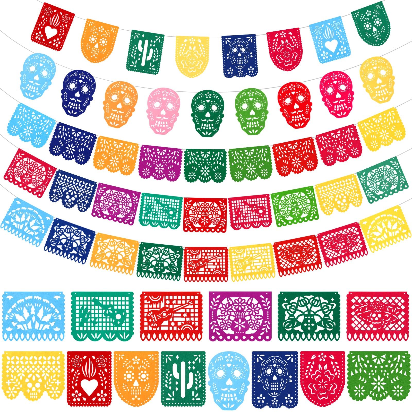 SEPGLITTER 5 Packs Mexican Party Banners, Felt Fiesta Banner Papel Picado Banners Cinco de Mayo Dia De Los Muertos Decor for Day of The Dead Wedding and Mexican Theme Party Supplies