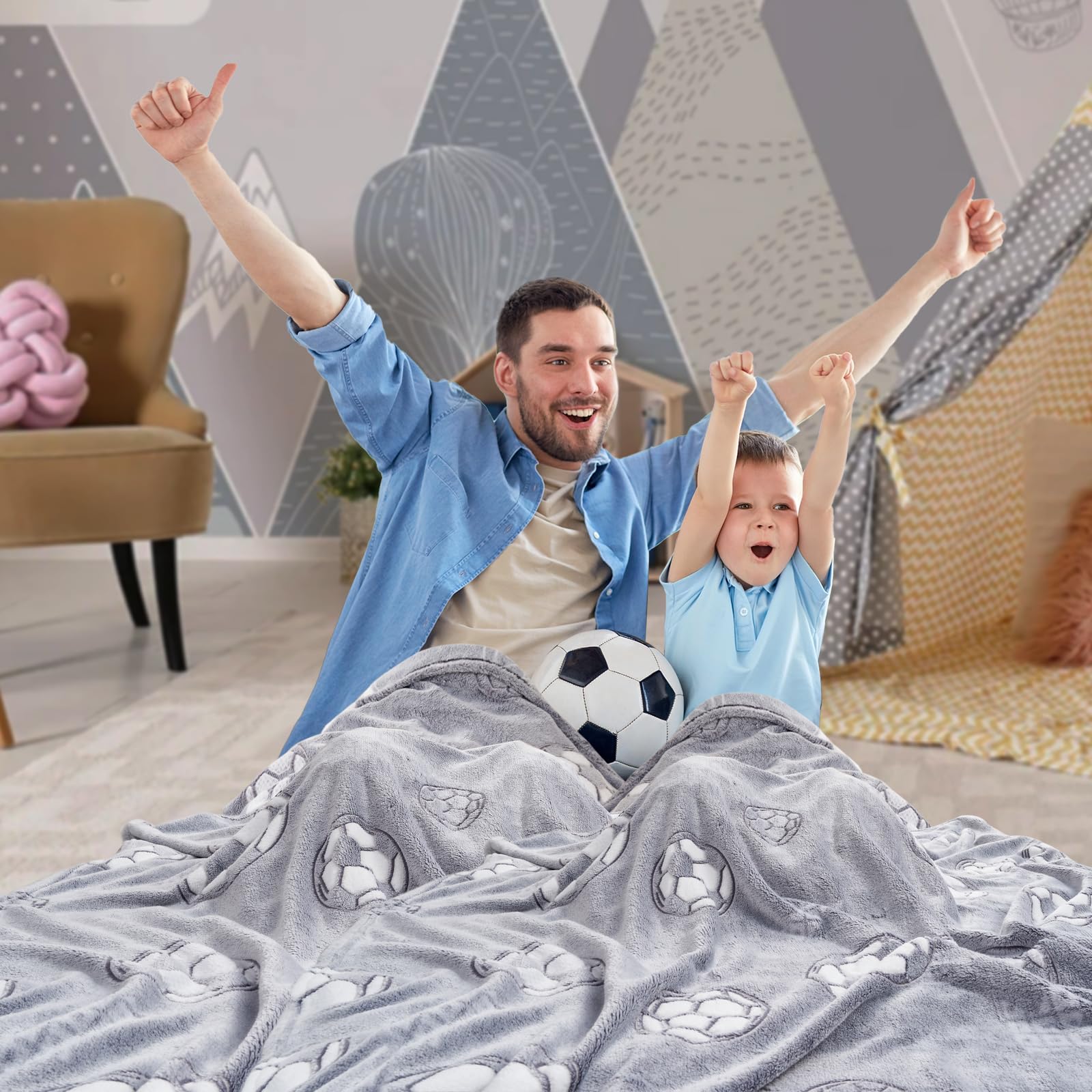 UOMNY Glow in The Dark Blanket for Boys Soft Football Throw Blanket Kids Luminous Balls Blankets for Couch Bedroom Decor Luminous Blanket Grey 50 x 60 inch ﻿