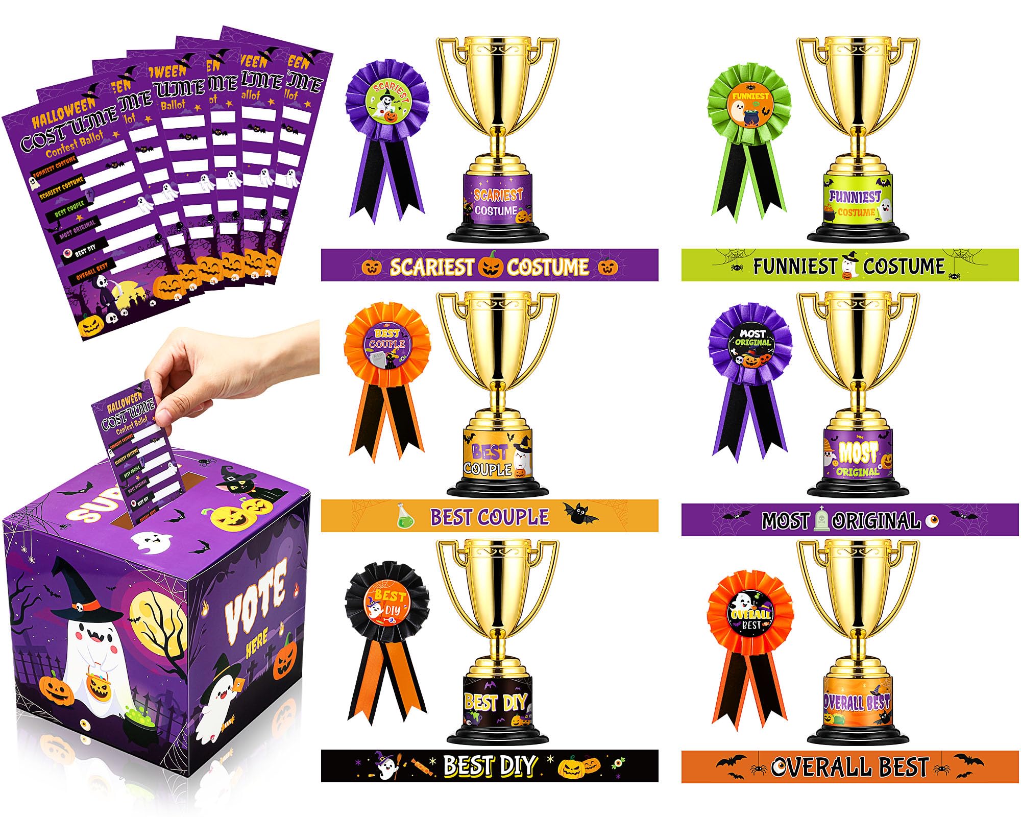 TaoBary 75 Pcs Halloween Costume Contest Ballot Kit Includes Halloween Contest Ballot Box and Voting Cards Halloween Award Ribbons Sashes Trophies and Stickers Set for Halloween Costume Contest Party