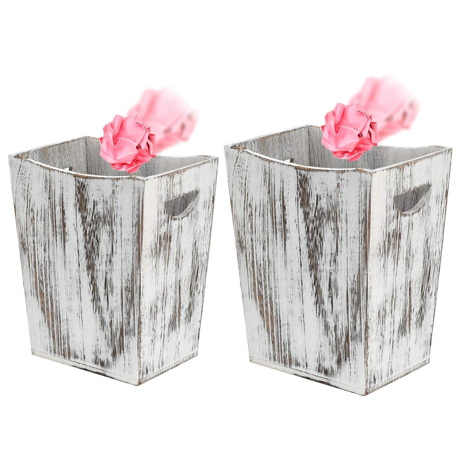 2 Pack Trash Bin Wooden Waste Basket Office Trash Can Bedroom Garbage Can Decorative Wood Bathroom Accessories Trash Can for Office Near Desk, Bedroom, Bathroom, Living Room, Kitchen (Rustic White)