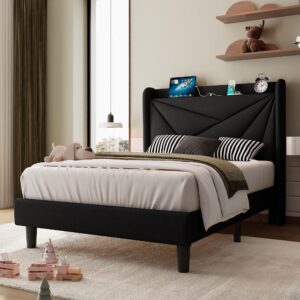 iPormis Twin Bed Frame with Charging Station, Platform Upholstered Bed, Linen Geometric Storage Headboard, Solid Wood Slats Support, No Box Spring Needed, Black