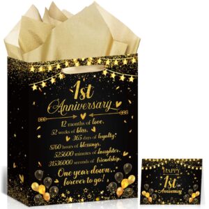 1st anniversary paper gift bag black gold one year wrapping paper bag with tissue paper card happy first wedding anniversary party gift bag for couple wife husband 1st wedding anniversary decorations