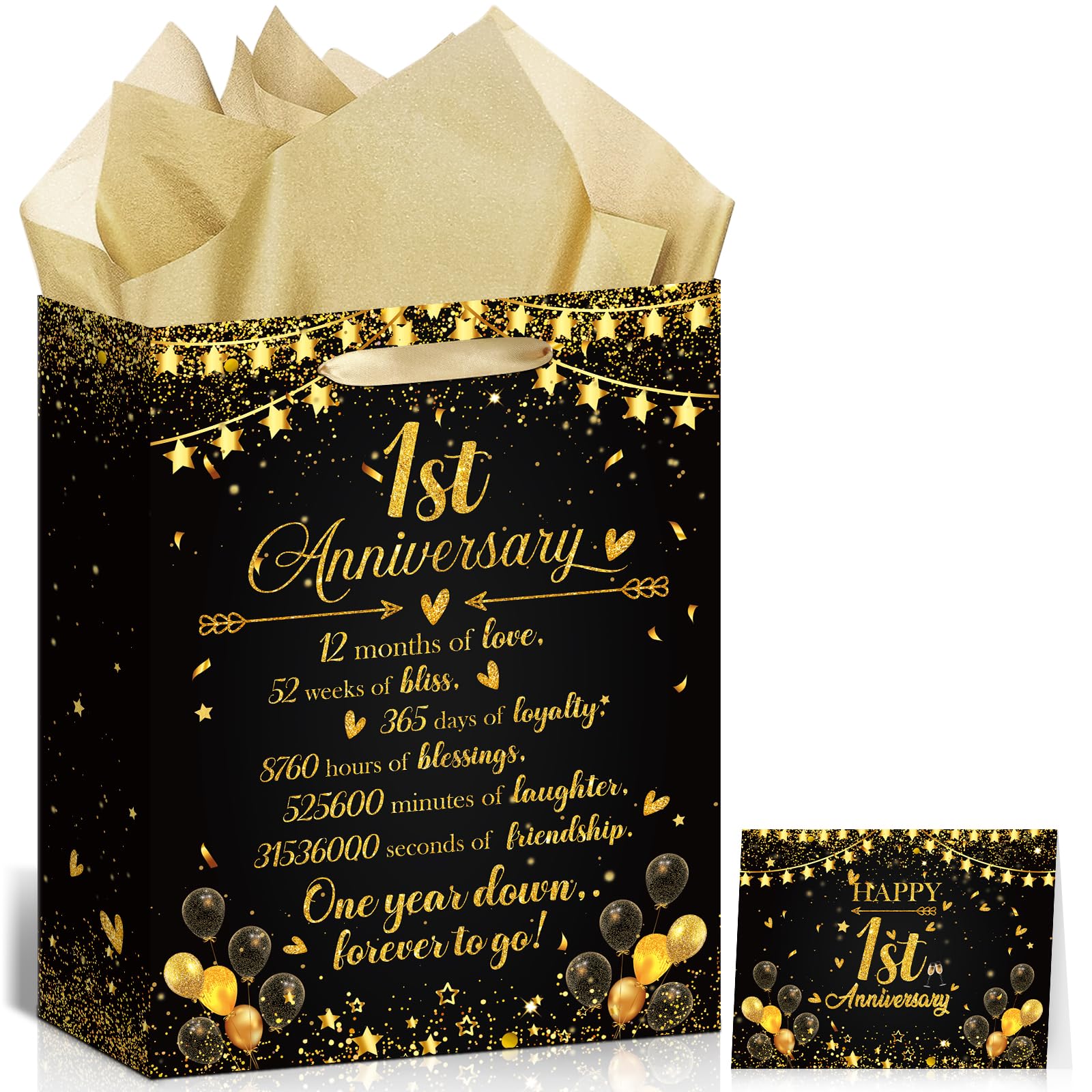 1st Anniversary Paper Gift Bag Black Gold One Year Wrapping Paper Bag with Tissue Paper Card Happy First Wedding Anniversary Party Gift Bag for Couple Wife Husband 1st Wedding Anniversary Decorations