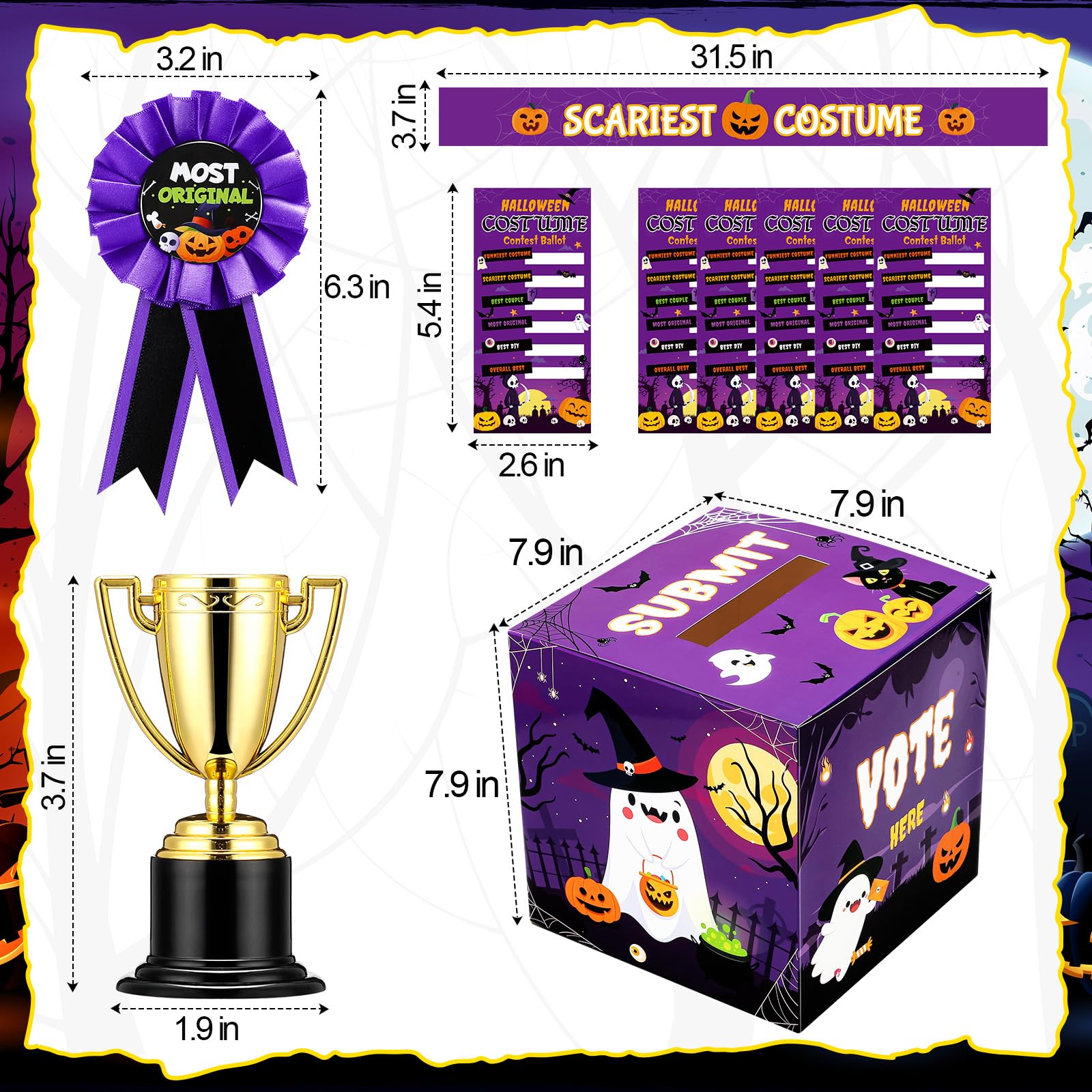 TaoBary 75 Pcs Halloween Costume Contest Ballot Kit Includes Halloween Contest Ballot Box and Voting Cards Halloween Award Ribbons Sashes Trophies and Stickers Set for Halloween Costume Contest Party