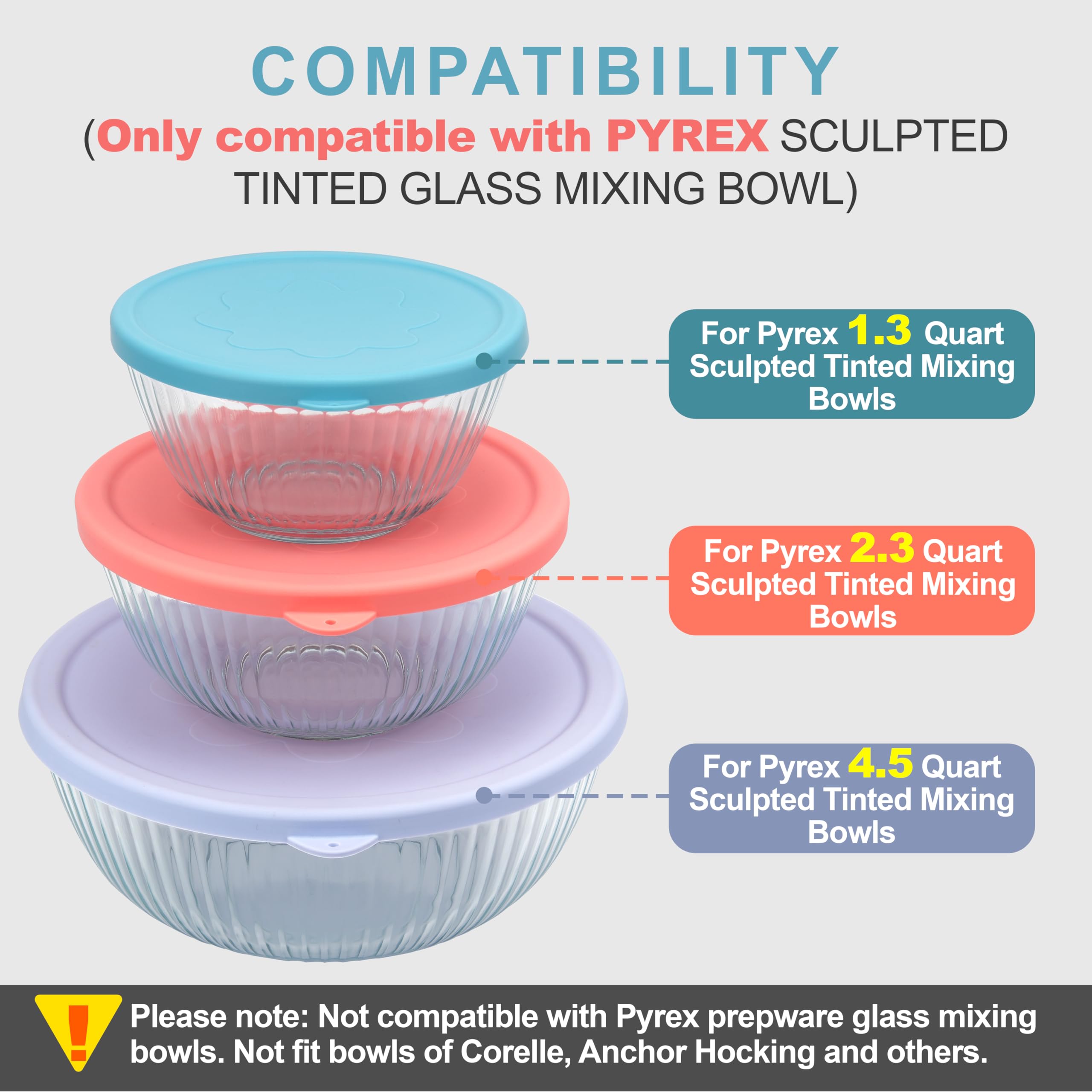 Purekra 3 Pack Silicone Replacement Lids for Pyrex 7402-S 1.3 Qt, 7403-S 2.3 Qt, 7404-S 4.5 Qt Sculpted Tinted Glass Mixing Bowls (BOWL NOT INCLUDED)