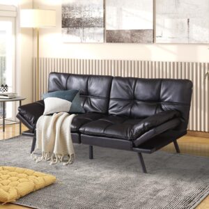 muuegm faux leather memory foam convertible foldiing futon sofa bed, modern lounge sofa with adjustable backrest armrests, futon couch for living room with loveseats in black.（leather,black）