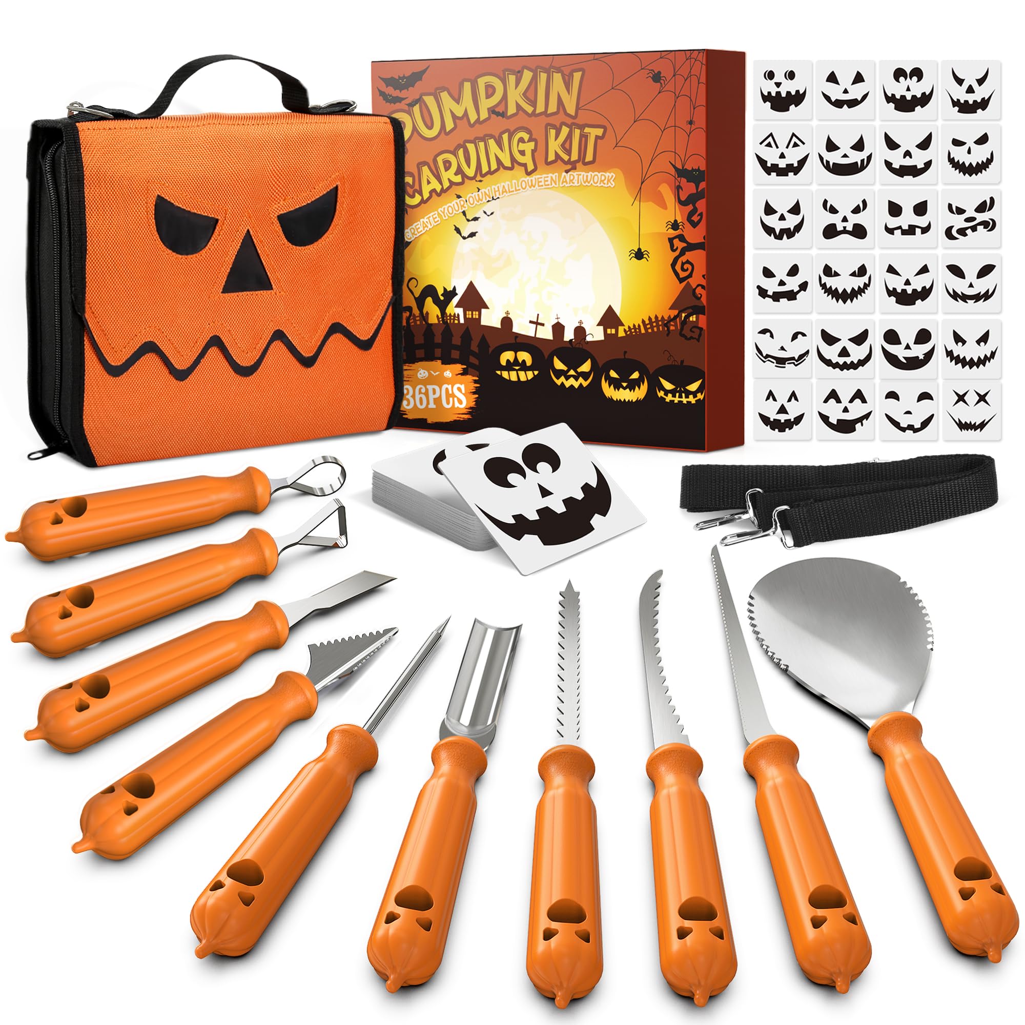 imarku Pumpkin Carving Kit, 36PCS Pumpkin Carving Tools, Professional Pumpkin Carving Knife Set with Stencils & Bag for Beginners, Sharp Pumpkin Carving, Best Christmas Gifts for Women Men