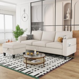 zeefu convertible sectional sofa couch: beige 3 seat l-shaped sectional sofa couches with storage ottoman - modern linen fabric small sofa couch set for living room office small space apartment