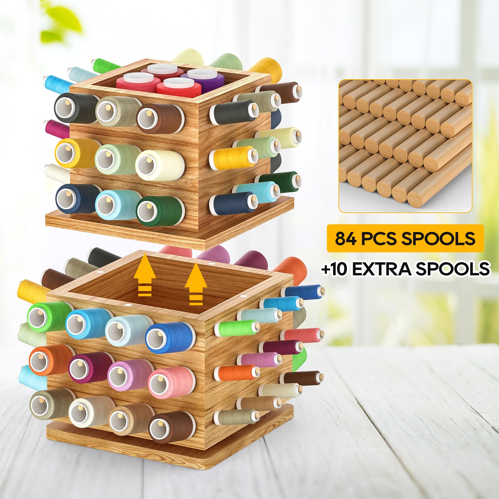 TIPSYTREE 84 Spools Thread Holder, 360° Rotating Sewing and Embroidery Thread Organizer, Wooden Thread Storage Rack for Quilting Sewing and Embroidering