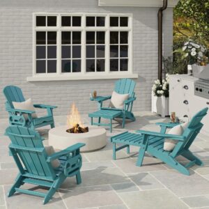 NAVINE Adjustable Adirondack Chair with Retractable Ottoman Set of 2, HDPE Folding Adirondack Chair with Cup Holder, All Weather Fire Pit Chair for Outdoor.