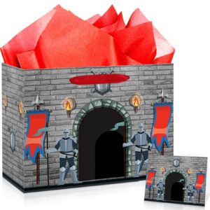 large medieval party gift bags castle knight favor bags with tissue paper card medieval castle princess knight wrapping paper bags for boys girls birthday medieval halloween party decorations supplies