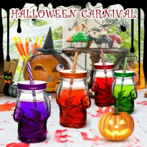 4 Pcs Halloween Skull Mason Jars with Lids 16 Oz Halloween Drinking Glasses with Skull, Skull Mason Jars with Straw, Mason Jar Cup for Halloween Party (Set of 4, Orange, Purple, Red and Green)