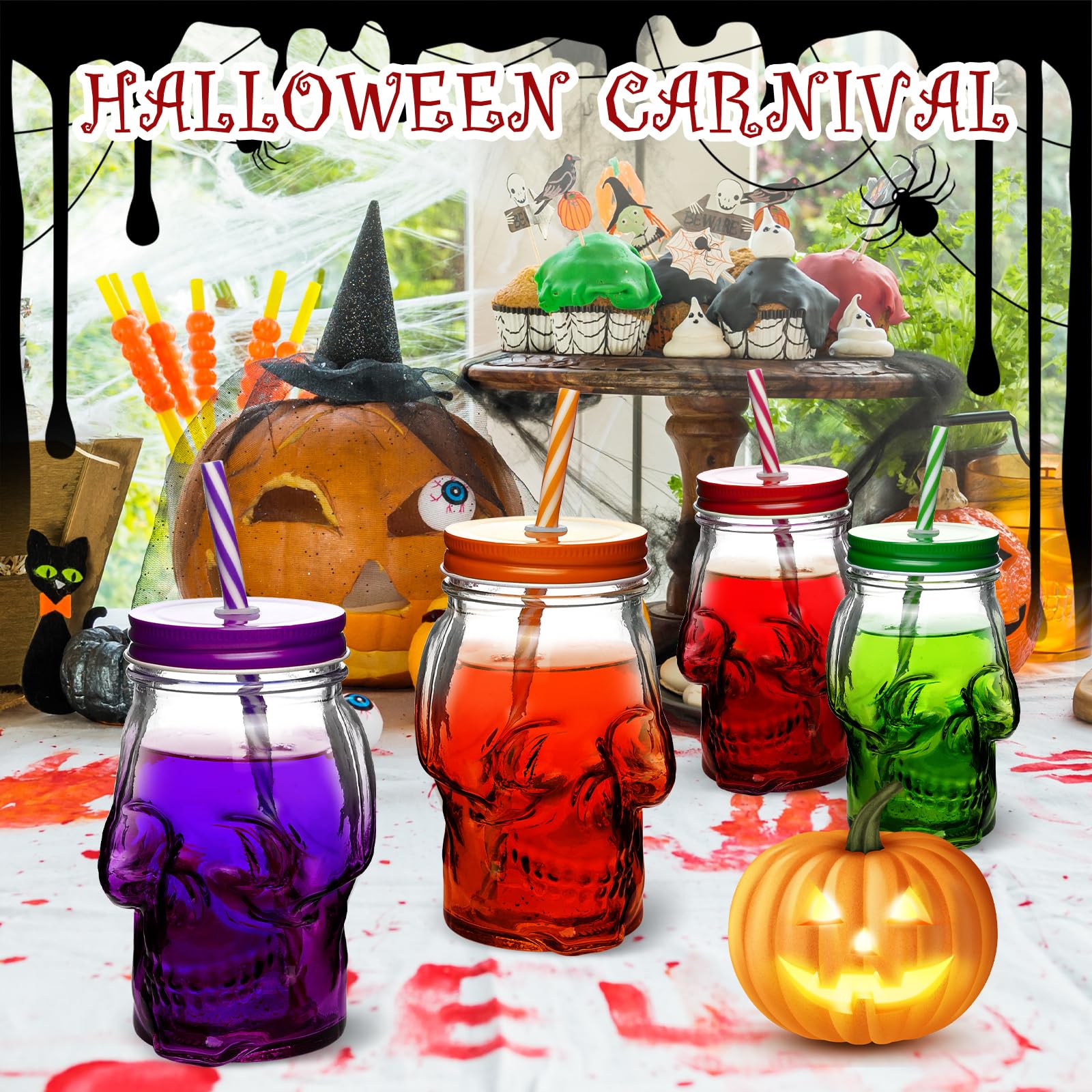 4 Pcs Halloween Skull Mason Jars with Lids 16 Oz Halloween Drinking Glasses with Skull, Skull Mason Jars with Straw, Mason Jar Cup for Halloween Party (Set of 4, Orange, Purple, Red and Green)