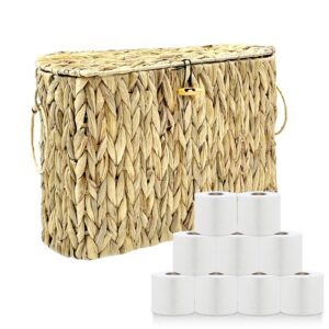 large toilet paper storage with lid and handle, water hyacinth toilet paper basket bathroom organizer,large capacity toilet paper holder for up to 9 rolls, dust-proof bathroom accessories organizer