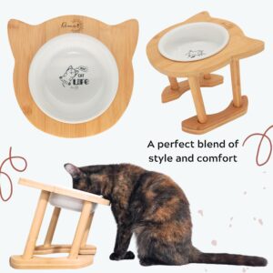 Rênasci® Elevated Ceramic Cat Food Dish Bowl, Adjustable Height, Raised Eco-Bamboo Wood Rack, Sturdy Pet Feeder, Tilted Angle