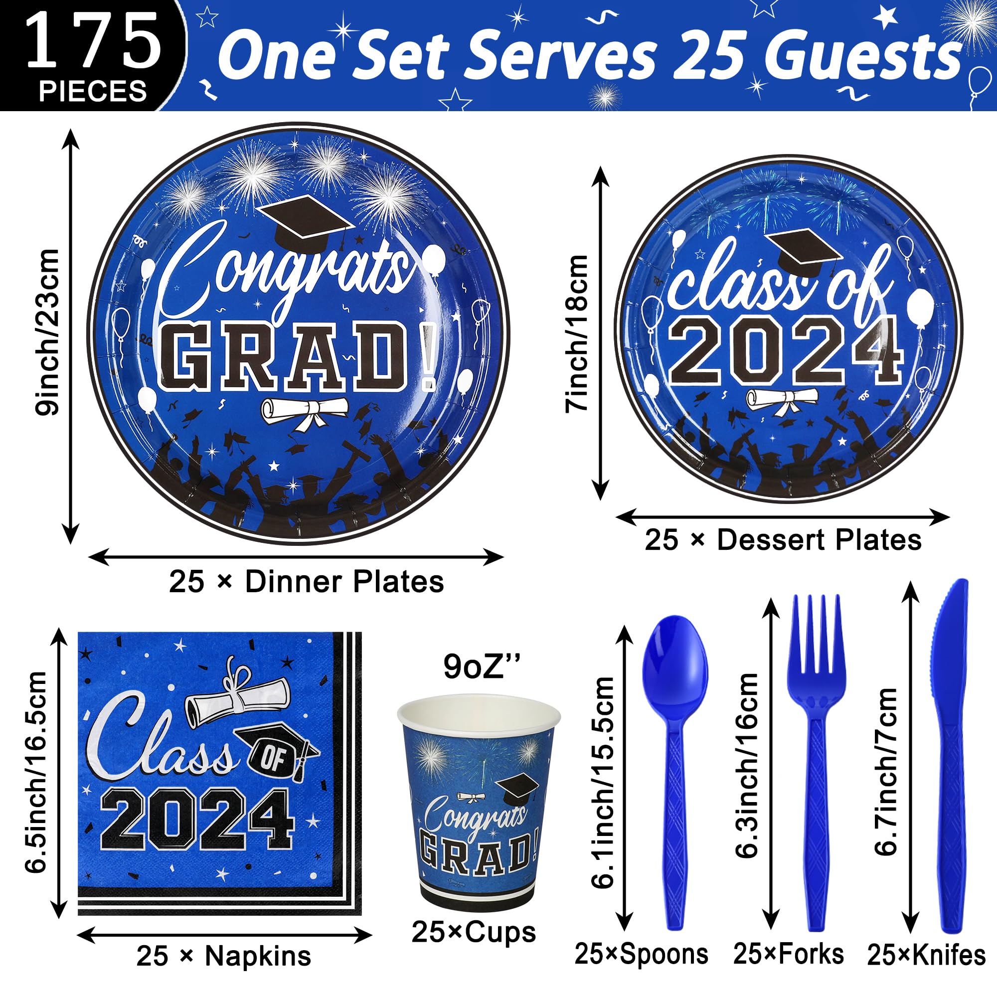 LELEMON Graduation Party Supplies Serves 25 Graduation Party Blue Class of 2024 Tableware Disposable Dinner Plates Dessert Plates Napkins Knife Fork Spoon for Congrats Grad Party Decorations