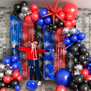 Spider Web Birthday Decorations Backdrop 2 Pack Spider Party Supplies Red Blue and Black Halloween Tinsel Foil Fringe Curtains Party Streamers Background for Boys Spider Theme Party Decorations