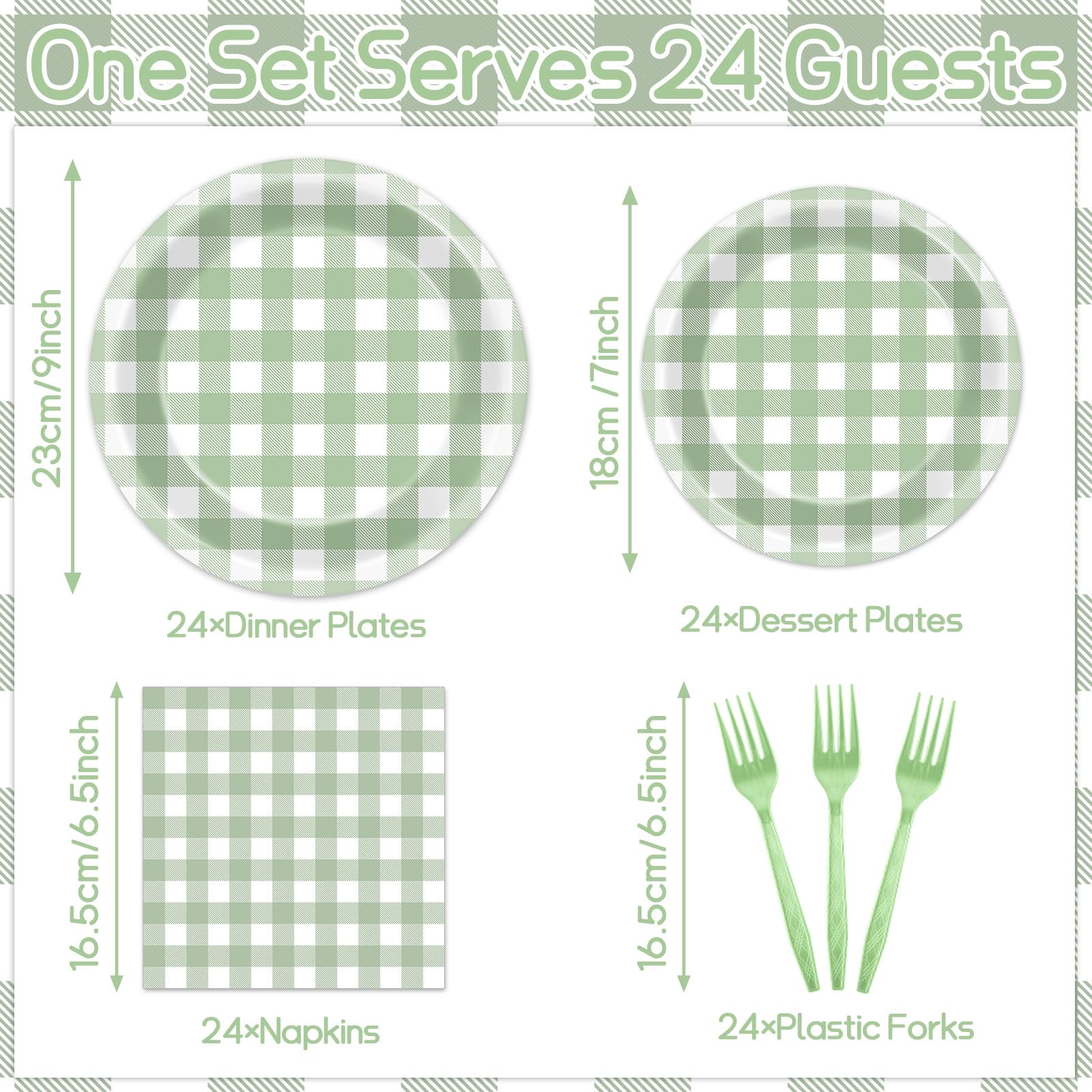 96 Pcs Sage Green Party Decorations Green Gingham Checkered Theme Tableware Set Green Plaid Plates Napkins Forks for Baby Shower Table Dinnerware Kids Boys Birthday Party Supplies 24 Guests