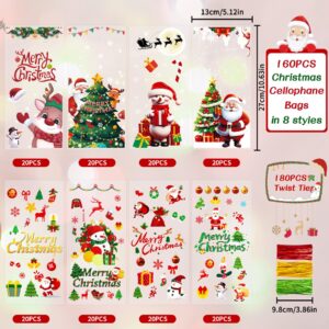 Toptime Christmas Treat Bags, 160PCS Christmas Cellophane Candy Bags with Ties, Clear Christmas Goody Bags with Santa Claus Xmas Tree Snowman Reindeer, Cello Cookie Bags for Holiday Party Favor